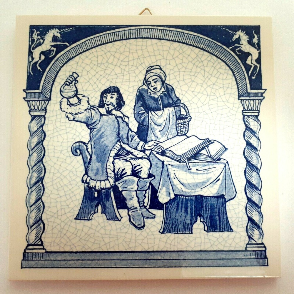 VINTAGE BLUE DELFT HOLLAND HANDMADE PILL TILE BURROUGHS WELLCOME CO. 1987