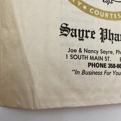 Sagre Pharmacy Paper Prescription Bag Elmer New Jersey Ephemera Prop Vtg 1970s