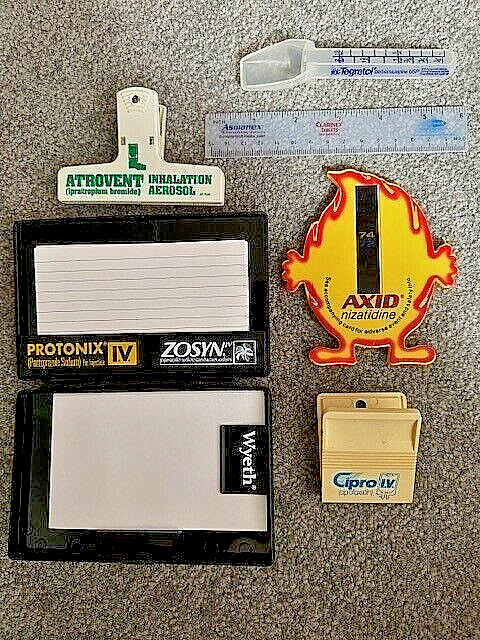pharmaceutical: 6 (six) drug rep promotional collectibles