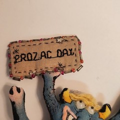 Vintage Hand Made “ Prozac Day “ Cloth Stuffed Goblin Monster Googley Eyes Pin
