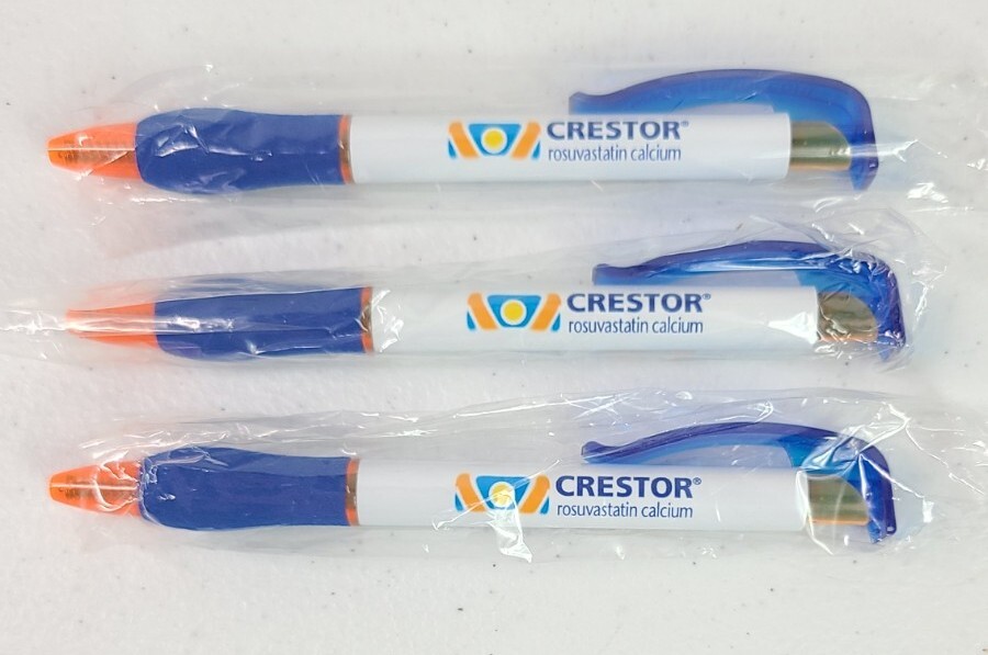 3 NEW Crestor Pens Clip Soft Grip Orange Blue White Rosuvastatin Drug Rep