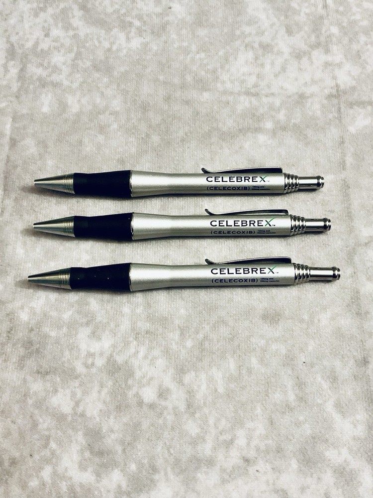 CELEBREX PHARMACEUTICAL REP PENS METAL SILVER BLACK GRIPS CHROME CLIP LOT OF 3