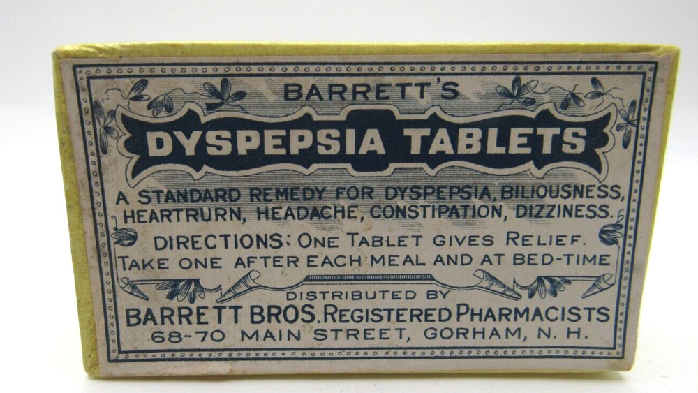 Vintage Cardboard Prescription Pill Box Barrett Bros. Pharmacy Gorham NH 3”