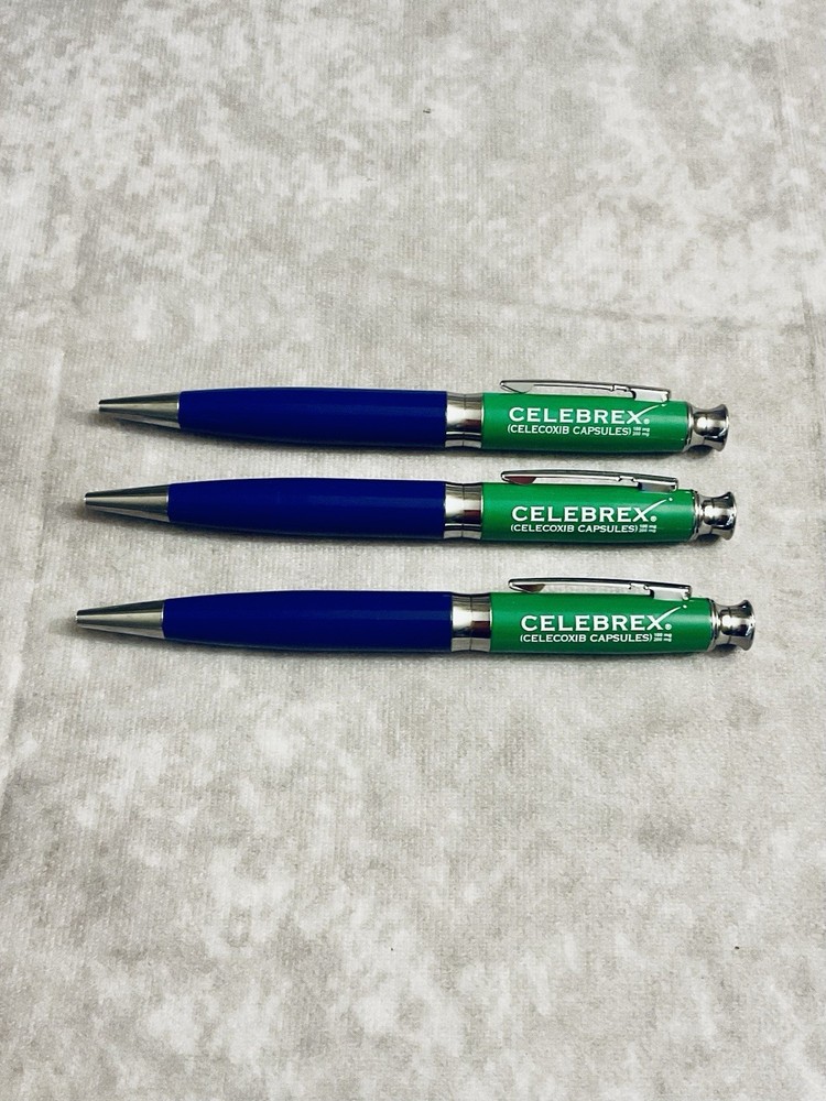 CELEBREX PHARMACEUTICAL REP PENS METAL GREEN BLUE GRIPS CHROME CLIP LOT OF 3
