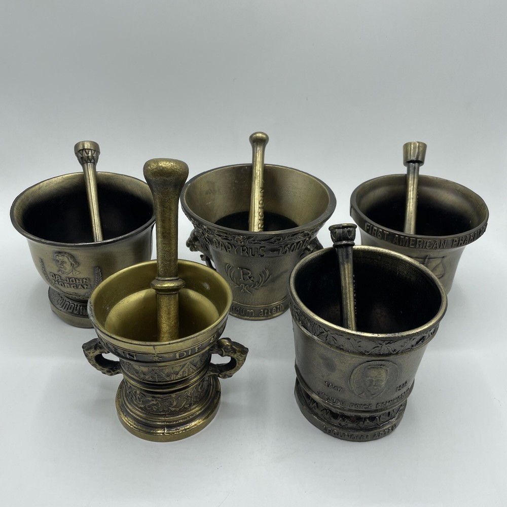 VTG Mortar & Pestle Lot of 5 Decorative Brass Apothecary Pharmacy Pill Grinder