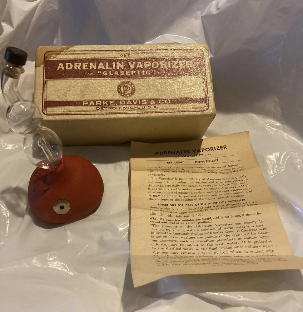 Vintage ‘50s Parke Davis GLASEPTIC ADRENALIN VAPORIZER With Box, Instructions
