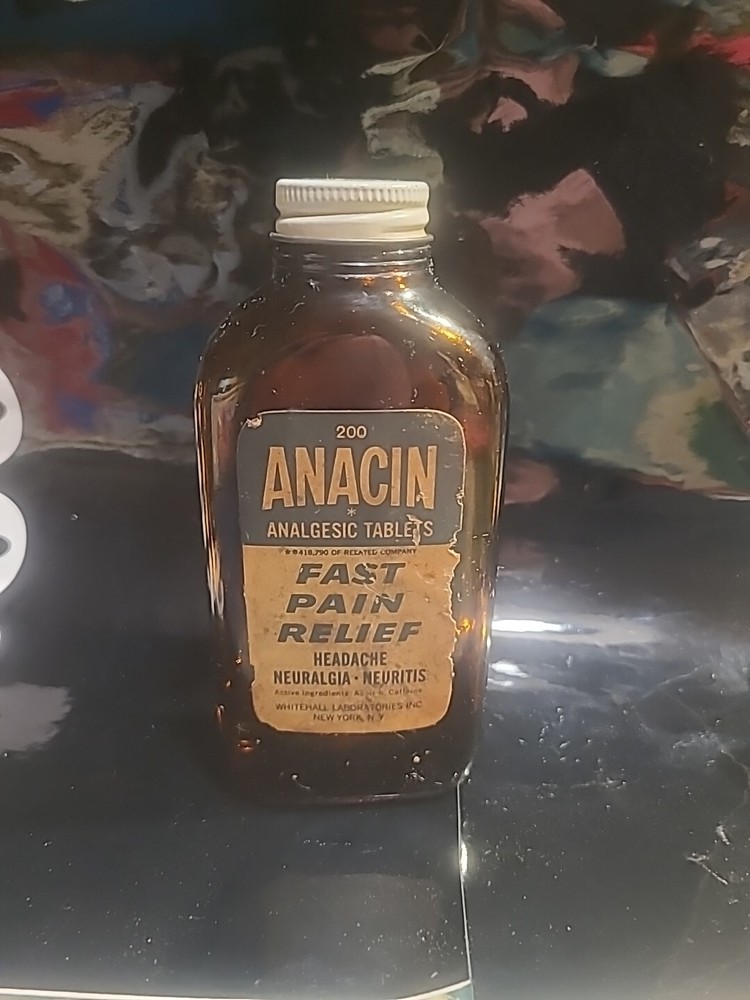 Vintage Anacin Analgesic 200 Tablets Brown Glass Bottle Metal Lid Paper Label