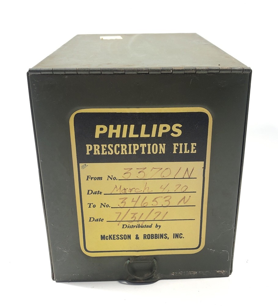 Vintage Phillips Metal File Pharmacy Prescription Box Industrial Rx Green