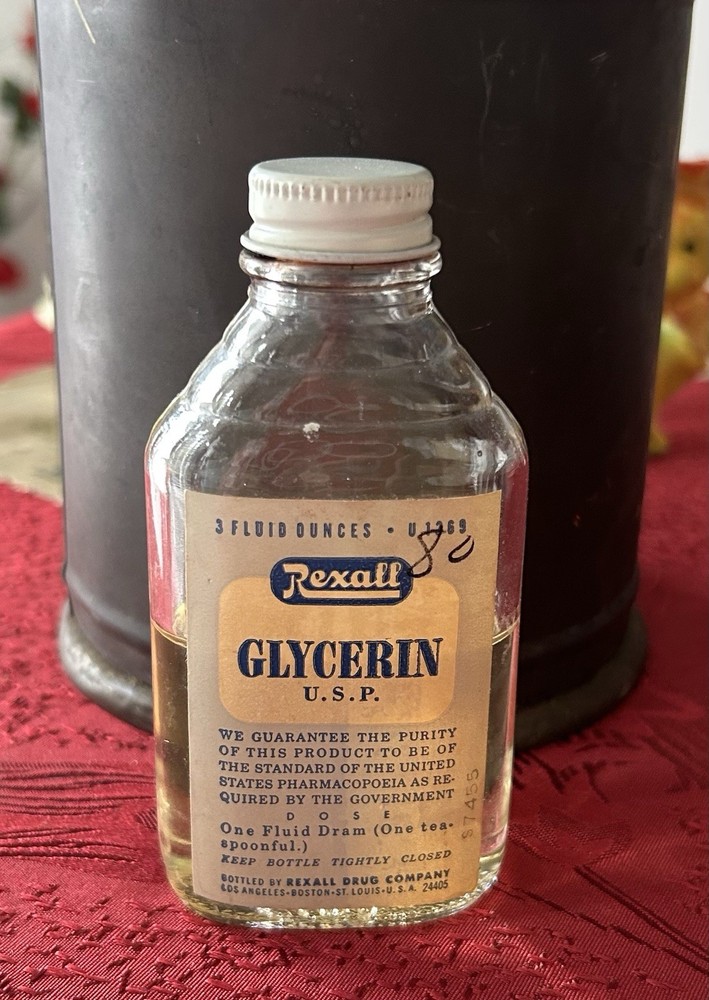 RARE vintage 1950s REXALL PHARMACY Glass Glycerin bottle MEDICAL, Paper Label