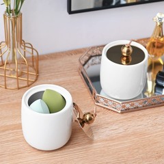 2 Pack Ceramic Qtip Holder Dispenser with Gold Lids, White Apothecary Jars Ba…