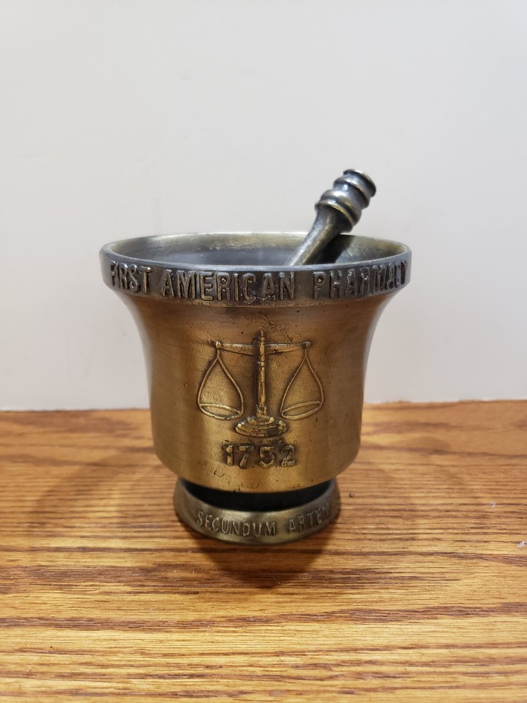 vintage 1972 Schering metal Mortar and Pestle 10th Edition First American Pharma