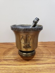 vintage 1972 Schering metal Mortar and Pestle 10th Edition First American Pharma