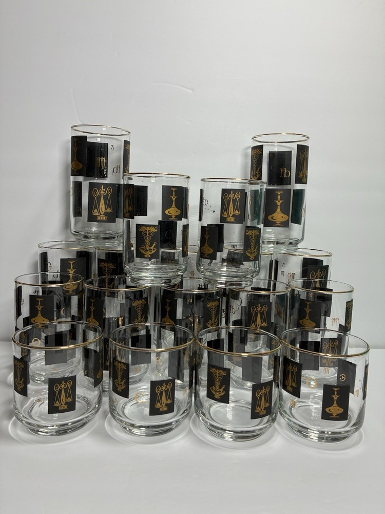MCM Medical Pharmacy Libbey Glasses Black & 22 KT Gold 7 Tall 7 Medium 4 Short