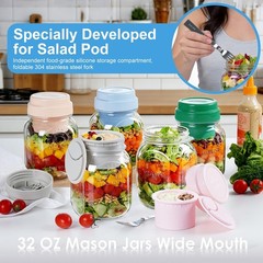 [UPGRADE] 4 Pack Green Salad Jars with Lids and Airtight Silicone Dressing Cu…