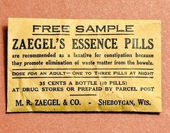 Antique Sample Historical Medicine ZAEGEL’S ESSENCE PILLS LAXATIVE Sheboygan WIS