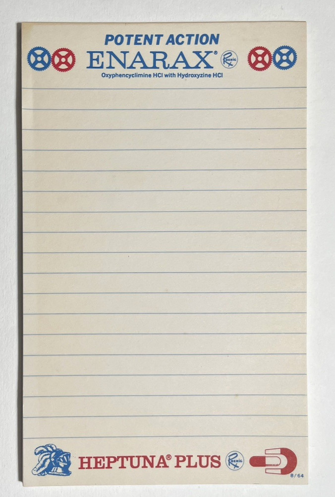Vintage 1960s – Pharmaceutical Medicine Note Pad Enarax Roerig – 8″x 5″