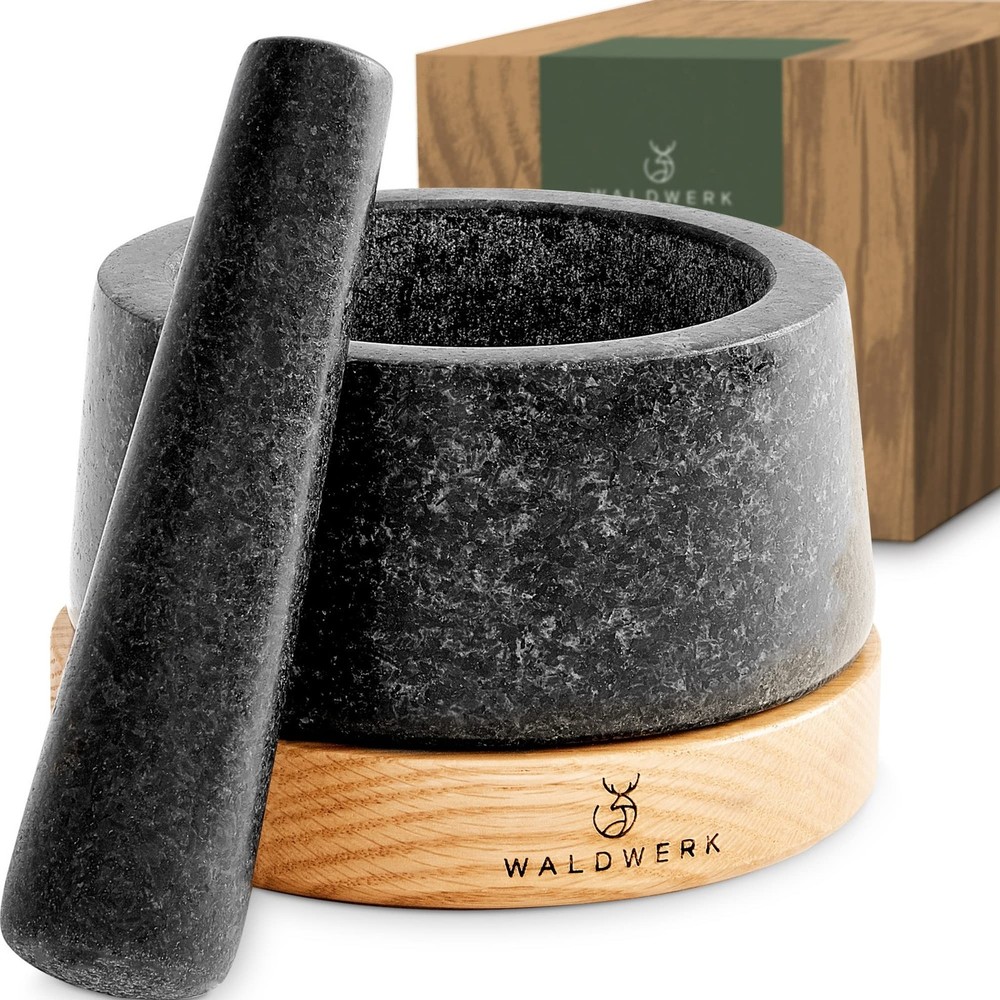 WALDWERK Mortar and Pestle – Mortar and Pestle Set with Anti-Scratch Oak Wood…