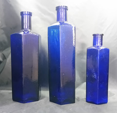 3 Antique Vintage Cobalt Blue Glass Poison Chemist Pharmacy Bottles 2 x 20oz