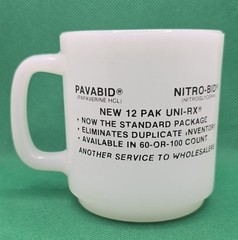 Vintage Pharmaceutical Milk Glass Mug Nitro-Bid Pavabid Marion Labs Glasbake