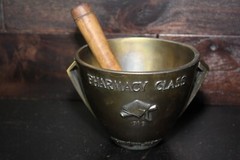 Vintage Brass Mortar Wood Pestle Secundum Artem Pharmacy Class 1969 Schering RX