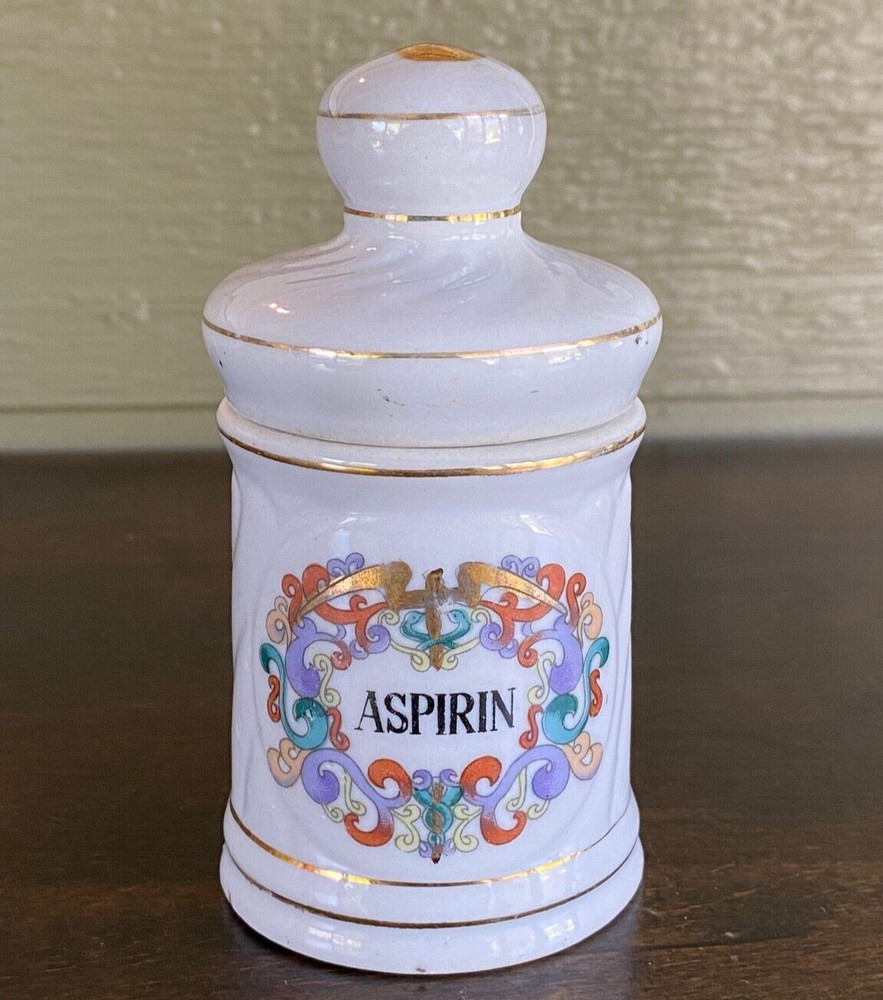 VTG Asprin Porcelain Ceramic Canister w/ Lid Bathroom Decor Antique Apothecary
