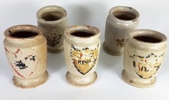 5 Rare Pharmacy Vessels / Cups, Ceramic, Southern Germany, About 1850 AL479