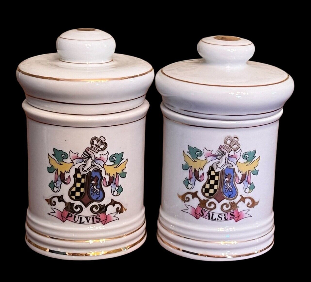 Vintage DOM Japan Set Of 2 Latin Apothecary Jars Pulvis Salsus