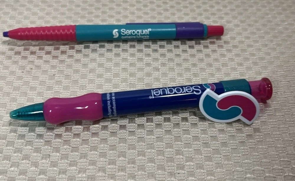 Lot of 2 Drug Rep SEROQUEL Collectible Pharmaceutical Pens Large S-Logo Clip