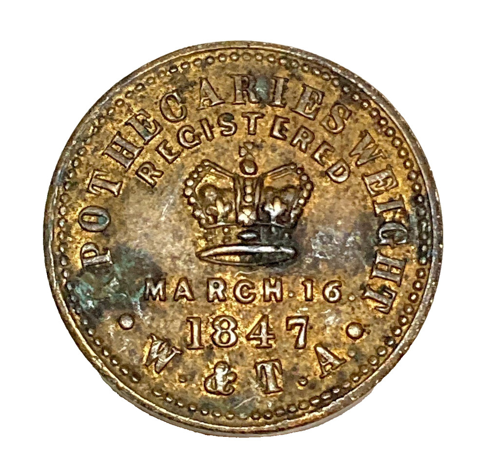 Two Drams 3ij brass Apothecary Weight Victorian Registered March 16 1847 W & T.A