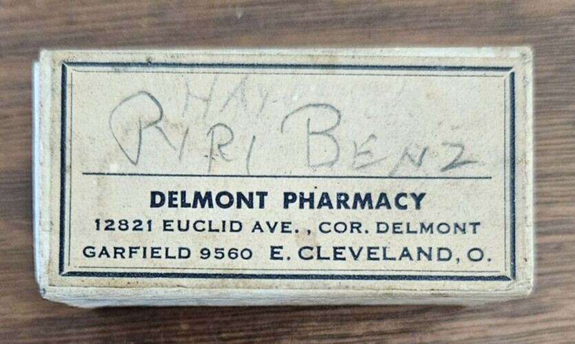 E. Cleveland, OH VTG Empty Pharmacy Rx Pyribenzamine Allergy pill box Delmont
