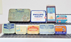 Vintage -Unique- 9 medicine advertising tins Rexall, Fixaco, Laymon’s +6