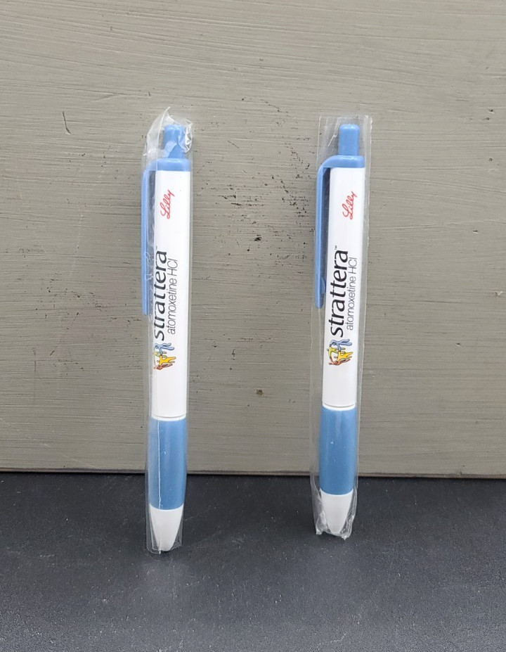 Lot of 2 Strattera Drug Rep Advertising Pharmaceuticals Collectable Pens Pharma