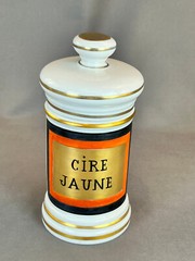 Vintage French Porcelain 7 ½” CIRE JAUNE (Yellow Wax) Apothecary Jar by D.T.