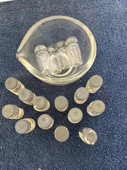 17 Phospholine Iodide Eye Drops glass Dessicant bottles & Rx glass mortar EMPTY