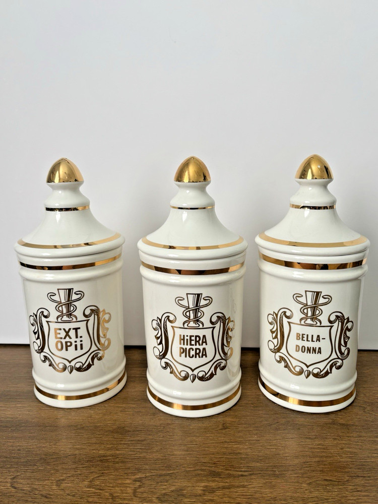 3 Owens Illinois Apothecary Jars Ext Opii (Opium Extract) Hiera Picra (Laxative)