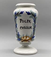 c. 1850 Large Pair Italian Delft Faience Apothecary Pharmacy Albarello Drug Jars
