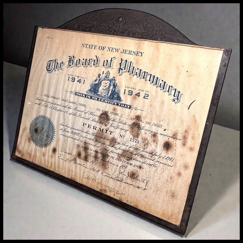 Antique 1941-42 New Jersey Registered Pharmacy Permit in Tin Metal Display Frame