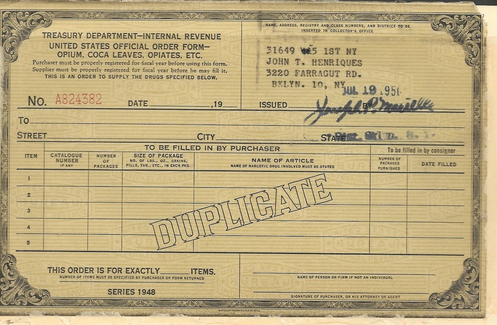 1948 Treasury Department Opium Coca Leaves Opiates Official Order Form