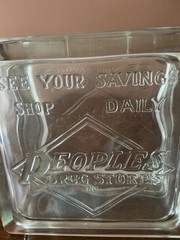 1950’s PEOPLES DRUG STORES HEAVY GLASS BLOCK ADVERTISING COIN BANK SAVINGS CLEAN