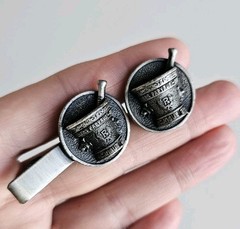 Vintage Pharmacist Tie Bar & Single Cufflink Set RX Apothecary Mortar Pestle