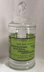 Vintage 1970s Glass Apothecary Jar Lid Uric Acid Gout Poison Army Navy Liniment
