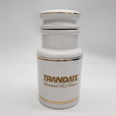 1960s Ceramic Apothecary Pharmaceutical Jar Trandate Labetalol HCI/Glaxo 6.25″ H