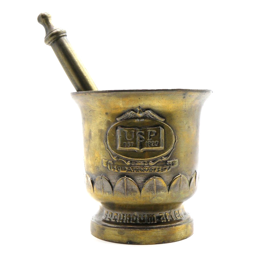 Vtg Brass Mortar & Pestle USP Rx Est 1820 150th Anniversary Schering Pharmacopia