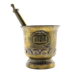 Vtg Brass Mortar & Pestle USP Rx Est 1820 150th Anniversary Schering Pharmacopia
