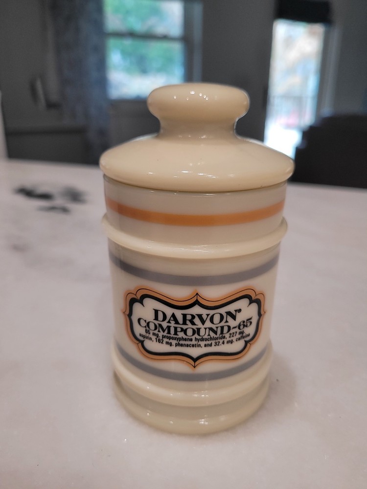 Vintage Darvon Compound 65 Apothecary Pharmaceutical Glass Jar w/ Lid Ceramic