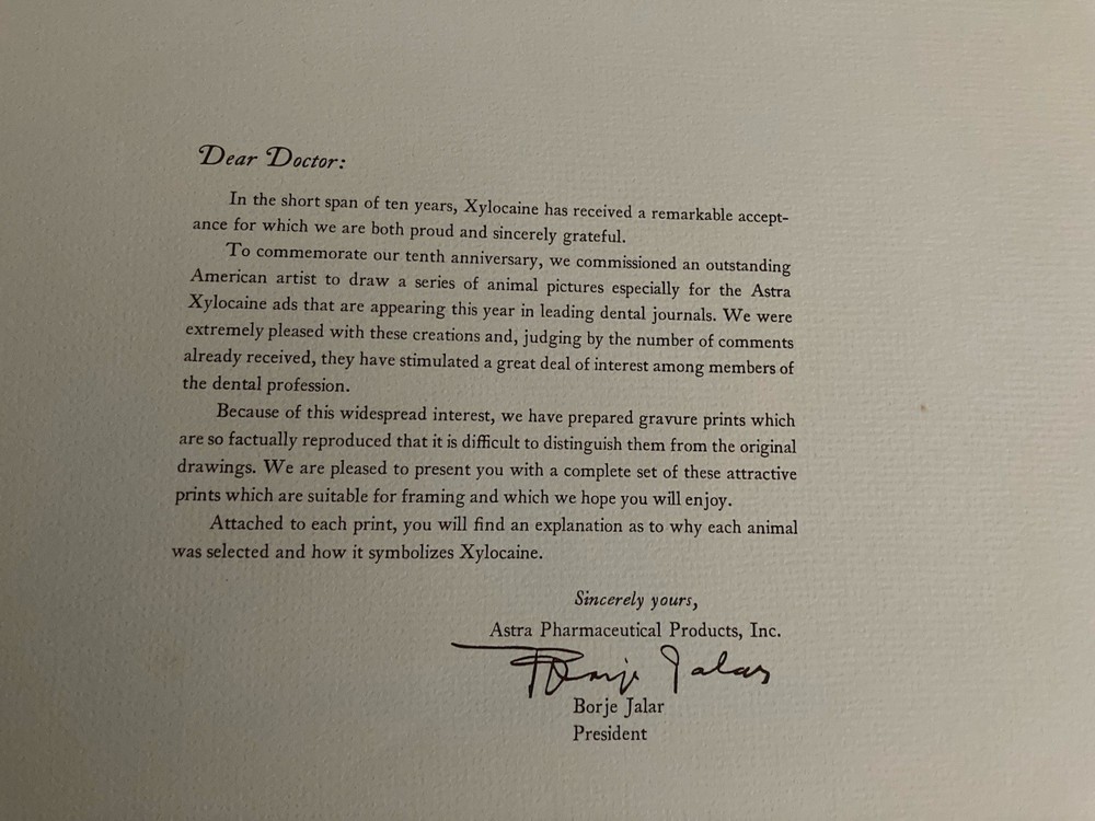 Astra Pharmaceutical 10th Anniversary Animal Prints Xylocaine D. Schwartz 1950s