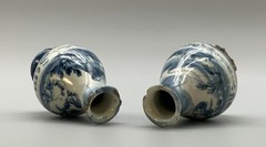 Rare Pair 17thC Italian Savona Majolica Albarello Drug Pharmacy Jar Bottles