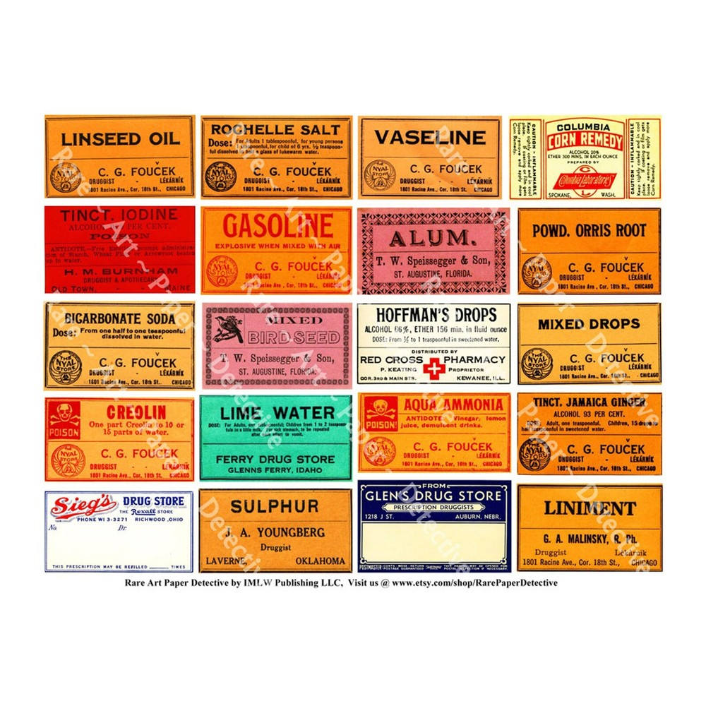 25 Apothecary Poison Stickers on 1 DIY Sheet, Medicine Cabinet Labels, 277