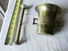 ANTIQUE LARGE SOLID BRASS 4″ TALL MORTAR & PESTLE PHARMACIST CHEMIST APOTHECARY