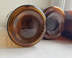 Three Antique Amber Glass Apothecary Medicine Bottles + Labels, Stopper & Cork